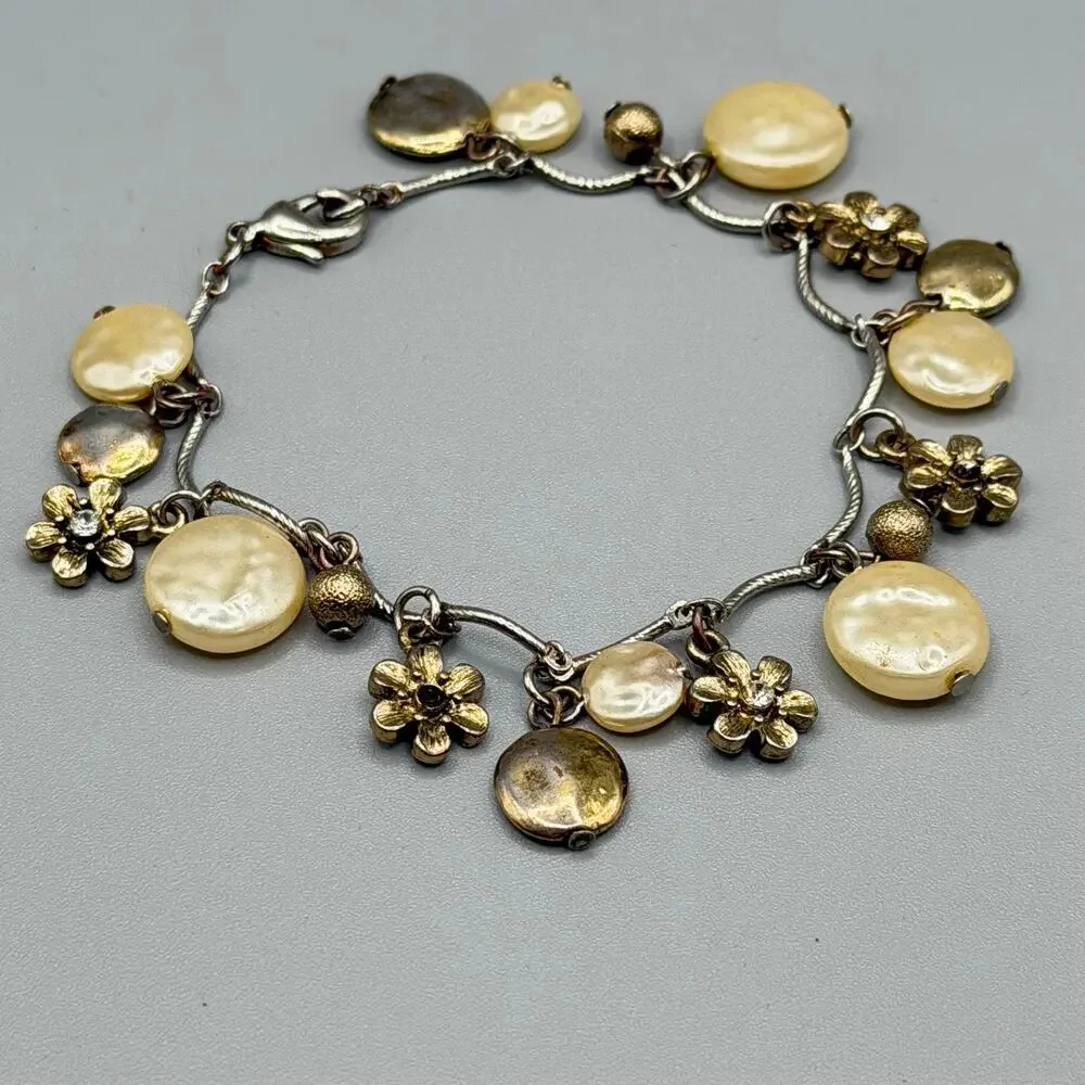 Vintage Mixed Metal Floral Pearl Charm Bracelet - Picture 2 of 3